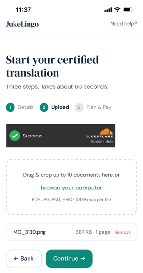JukeLingo mobile upload step with a document successfully uploaded
